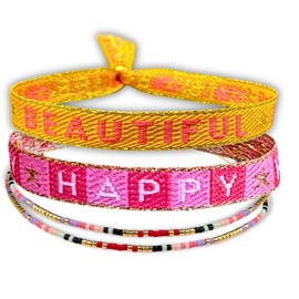 happymaker - Boho Schmuck Damen 4er Set Matching Armband aus Stoff und Miyuki Perlen im Hippie Style für Frauen, wasserfest und handmade und Deutschland