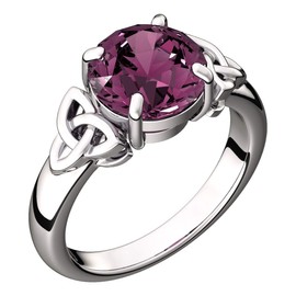 GWG Jewellery 925 Sterling Silver Ring with Large Amethyst Colour Stone Graced with Celtic Trinity Knots on Sides – 9 in Gift Box for Women