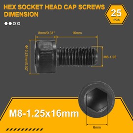 DTGN M8-1.25x16 Socket Head Cap Screws Bolts - 25Pack - Good for Road Bicycle, Mountain Bike, Auto, Motorcycle - Carbon Steel Hex Head Metric Screws, Black