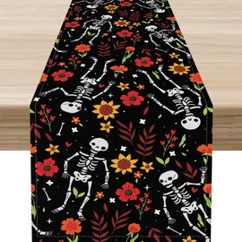 Camino de mesa gótico floral, diseño de calavera retro, diseño de esqueleto de flores para Halloween, día de los muertos, decoración de centro rústico para el hogar, cocina, sala de estar, patio
