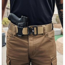 KingMoore Men's Tactical Belt Heavy Duty Webbing Belt Adjustable Military Style Nylon Belts with Metal Buckle (Waist:52"-56", Khaki)