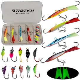 THKFISH Ice Fishing Jigs Panfish Ice Fishing Lures Kits Ice Fishing Gear Kit 14pcs Luminous Ice Fishing Color B