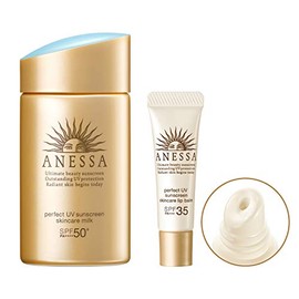 ANESSA SPF35-49 Annessa Perfect UV Skin Care Milk, 2.0 fl oz (60 ml), Sunscreen + Lip Moisturizer, Limited UV Lip Balm, 0.2 oz (5 g), Set of 2 (1)
