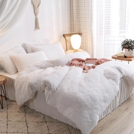 HAIHUA White Faux Fur Comforter Cover Queen Size - Fluffy Luxury Ultra Soft Plush Comforter 3 Pieces (1 Shaggy Duvet Cover + 2 Pillow Shams) Faux Fur Fuzzy Bedding Set (White, Queen)