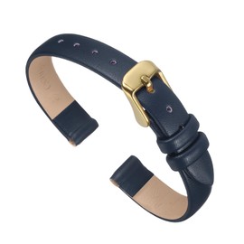 sourcing map Dark Blue Genuine Leather Band 10mm Width, Flat Thin Elegant Leather Watch Strap Golden Tone Buckle for Men and Women