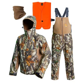 Hunt Quiet Hunting Clothes for Men with Face Mask, Silent Water Resistant Hunting Jacket and Bibs,Blaze Orange Vest &Face Mask (Next Camo G2, XL)