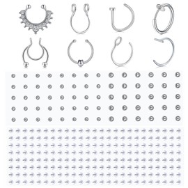 WillTen 8 Pieces Fake Nose Ring Fake Septum Piercing with 2 Pieces Fake Nose Stud Stick Fake Face Piercing, Fake Nose Piercing Clip Nose Ring Fake Eyebrow Piercing Fake Lip Ring Silver Gold Black,
