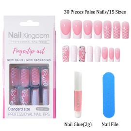 30pcs Press on Nails French Tip - False Nails with Glue - Medium Coffin Stick on nails for Women - Pink White Fake Nails French Tip - nail Art Decoration Glue on nails Long Lasting