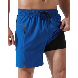 Arcweg Mens Swim Trunks with Compression Liner 7 Inch Quick Dry Beach Swimming Trunks 2 in 1 Swim Shorts with Zipper Pockets Dark Blue(L)