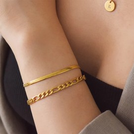 JECOMY Dainty Gold Chain Bracelet for Women 18K Gold Plated Herringbone Bracelet Figaro Chain Bracelets Stackable Gold Bracelets Trendy Jewelry for Girls