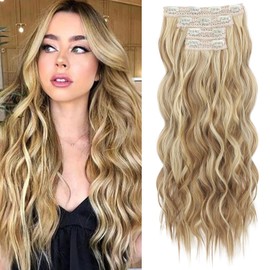 REECHO Clip in Hair Extensions, 4PCS Hair Extensions 24" Thick Long Beach Waves hair extensions HE003 Invisible Lace Weft – Medium Blonde with Blonde Highlights