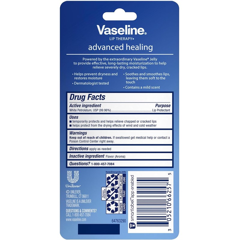 Vaseline Lip Therapy Fórmula avanzada 0.35 oz, Paquete de 4