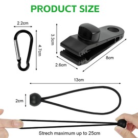 HOTUT Tent Clips Set, 12 Pcs Tarp Clips Heavy Duty with 12 Bungee Ball Cords + 12 Carabiner, Tarpaulin Clip Clamp for Fixing Tents, Tarps, Awnings, Tarpaulin, Outdoor Camping, Caravan Canopies