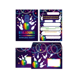 12 Invitation Cards for 8th Children's Birthday Bowling Bowling Skittles Boys Girls Invitations Eighth Birthday Including 12 Envelopes, 12 Bags, 12 Stickers