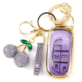 Rayslesan Sparkly Key Fob Cover with Cherry Keychain, Bling TPU Smart Key Case for Women, Compatible with Dodge Charger Challenger Durango，Jeep Wrangler Patriot Grand Commander (5-Button, Gold Purple)