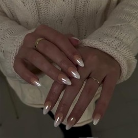 SXVME Uñas postizas con diseño de donut glaseado marrón degradado en almendra, uñas postizas cromadas en marrón degradado para mujer, uñas acrílicas c