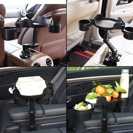 JSCARLIFE Car Cup Holder Expander with Tray, Multi-Functional Phone Slot,360 Rotation Detachable Tray Table Adjustable Base, Car Food Table for Most Cup Holders