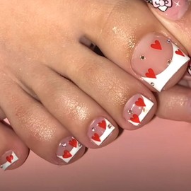 Valentine's Day Press on Toenails Short Square Toe Nail Press ons with Rhinestones Design Red Heart Toenails Glue on White French Tip Fake Toenails Nude Valentines Toenail Stickers for Women 24Pcs