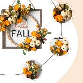 TEMPUS 12'' Wood Beads Wreath Hello Fall Sign Autumn Front Door Wreath Harvest Wooden Square Wreath with Pumpkin Flowers and Leaves for Festival Thanksgiving Autumn Porch Decor