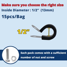 TOMSHIELE 15PCS 1/2 Inch Cable Clamps,Complimentary Matching Bolts and Nuts, Stainless Steel Cable Clamp with Rubber Cushion, Wire Clamp for Tube or Pipe Fixed(1/2 Inch Rubber Clamp)