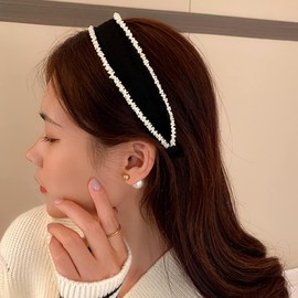 Wide Beaded Headband Simple Beads Headpiece Beaded Hair Hoop Elastic Hair Band Black for Women and Girls (White, One size)