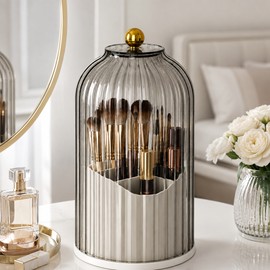 360° Rotating Makeup Brush Holder Organizer with Clear Cover – Cosmetic Storage Box for Vanity & Bathroom Counter