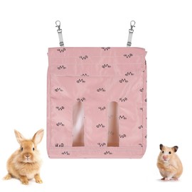 Rabbit Hay Bag, 2-Hole Hanging Rabbit Feeder Bag with 2 Metal Hooks, Small Animal Feeding Sack for Small Animals Rabbits Guinea Pigs Hamsters Chinchillas Hedgehogs