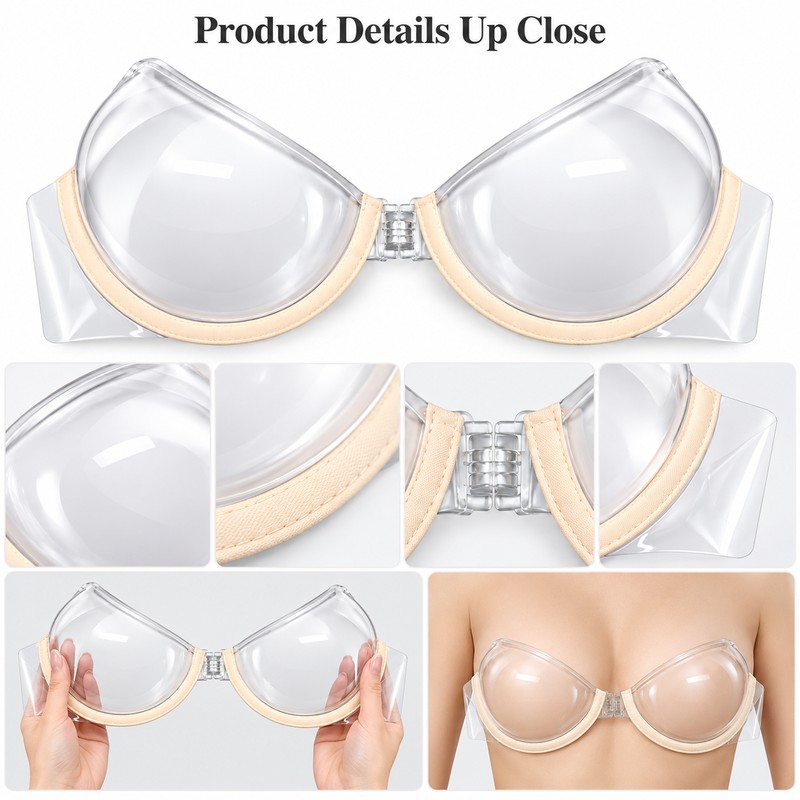 Beige Transparent Invisible Strap Bra for Women, Ultra-Fine Clear Strap