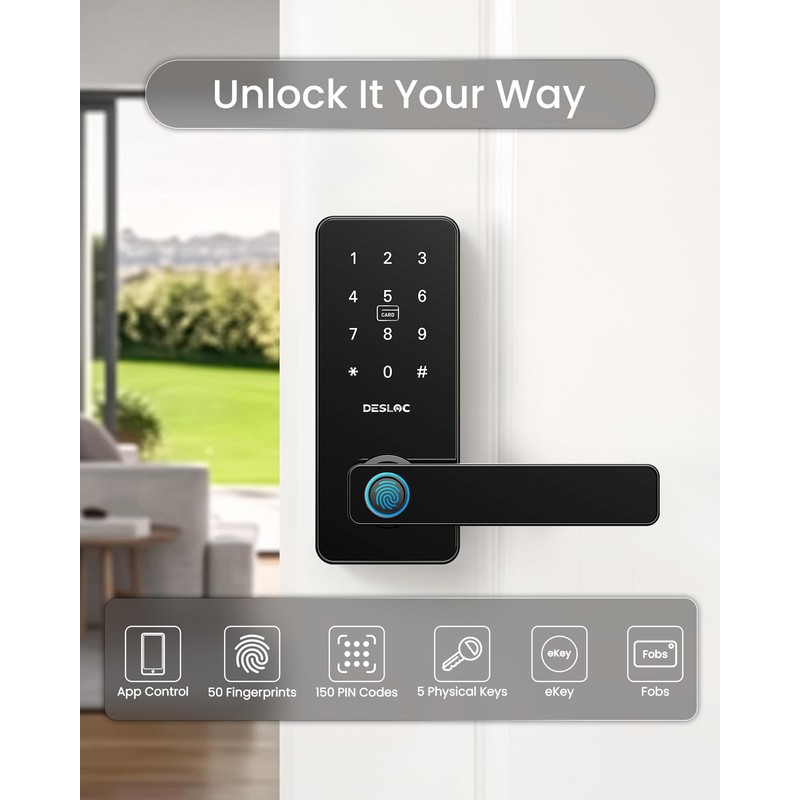 DESLOC B200L Fingerprint Smart Lock with Handle, Keyless Entry Door