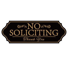 No Soliciting Sign for Front Door, Self-Adhesive Vinyl No Solicitors Modern Sign for House，Home, Business, Apartments,and Office Door (Black Gold）