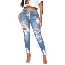 CME SHOWU High Waisted Skinny Ripped Jeans for Women Plus Size Drawstring Waist Denim Pants(Ripped Blue,M)