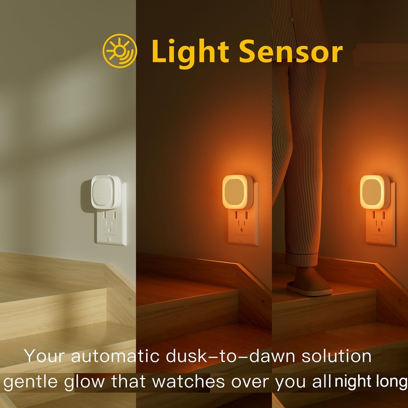 YUNLEX 4 Pack Amber Night Light, Dusk to Dawn Sensor,