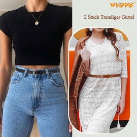 WHIPPY Pack of 2 Women's Belts, Slim Waist Belt for Dresses, Jeans, Women's Leather Belt with Gold Buckle, black brown