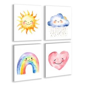 GMLXCX Framed Girls Rainbow Canvas Wall Decor Set of 4, Watercolor Sun Cloud Heart Wall Decor Prints, Kids Sunshine Painting for Classroom Kids Room Baby Room Bedroom Dormitory Decor 8''X10''