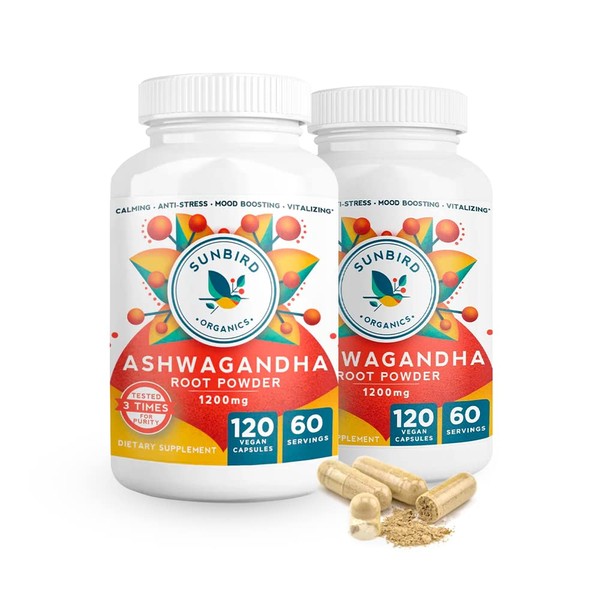 Ashwagandha Capsules Organic, Stress & Sleep Support, Potent 1200mg Pure Ashwagandha Root Powder, 120 Vegan Ashwagandha Capsules, Made in USA - 2 Bottles