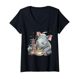 Womens Rhinoceros Eating Ramen Japanese Noodles Rhino Ramen Bowl V-Neck T-Shirt