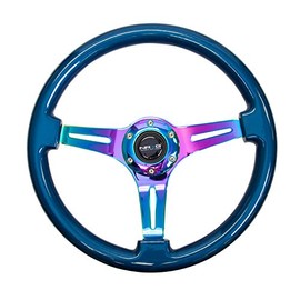 NRG Innovations NRG-ST-015MC-BL Steering Wheel - 350mm 25mm Deep Configuration, Classic Wood Grain Wheel, 3 Neochrome Spokes- Blue Pearl/Flake Paint