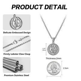 murtoo Pendant Necklace for Men, Saint Benedict Medal Necklace, Stainless Steel Mens Necklace, Protection Catholic Jewelry Gifts for Men Women (Silver, 22")