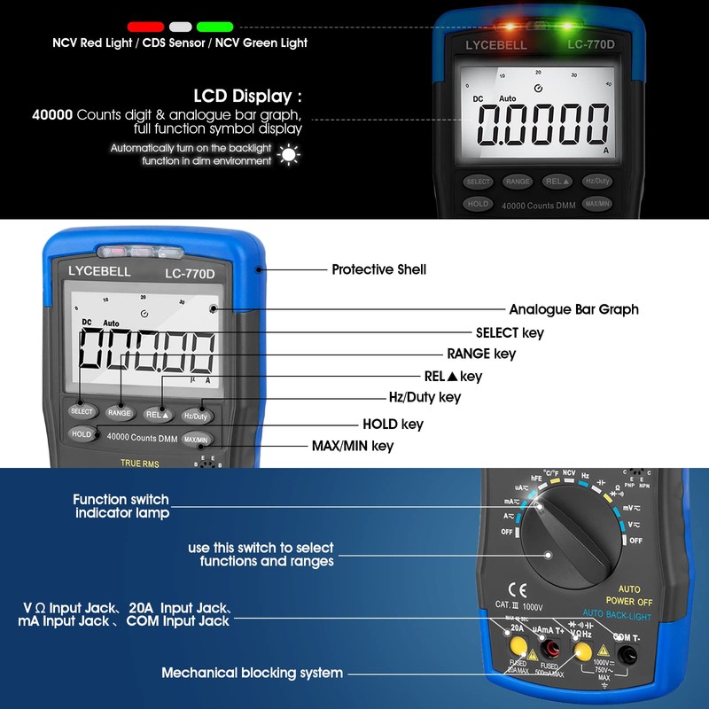Digital Multimeter LC-770D TRMS Voltmeter Ammeter for Measures NCV AC/DC