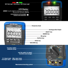 Digital Multimeter LC-770D TRMS Voltmeter Ammeter for Measures NCV AC/DC Voltage Current Resistance Capacitance Frequency Diodes hFE Temperature, with Multimeter Leads - 40000 Counts (Blue)
