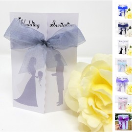 Pack of 10 Silouette Wedding Invitations with ribbon and envelopes- Gatefold style! (SILVER)