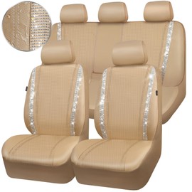 CAR PASS Bling Diamond Car Seat Covers Full Set, Shining Glitter Rhinestone Waterproof Faux Leather Interior Sets Universal Fit Automotive Glitter Crystal Sparkle Strips for Cute Women Girl, Beige