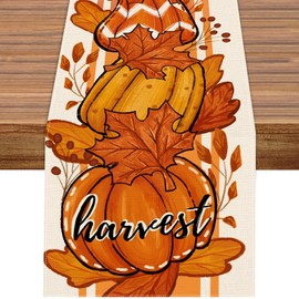 Heirloom Haven Orange Pumpkins Maple Leaves Fall Table Runner, Autumn Thanksgiving Kitchen Dining Table Decor Seasonal Harvest Thanksgiving Farmhouse Indoor Outdoor for Home Party 13x72 Inch