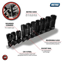 Performance Tool W84027 10 pc. 3/8-in. Dr. Flare Nut Socket Set for Tight Spaces: 10-19mm Sizes, Useful for Sensors, ABS, Master Cylinders, Chrome Vanadium Steel, Black Phosphorus Finish