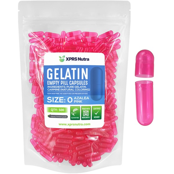 Cápsulas de gelatina vacías Azalea rosa transparente tamaño 0 – Halal y Kosher certificado por Capsules Express (500), Rosado, 0