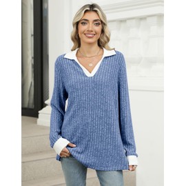 Gemulate Ladies Sweatshirts Jumpers for Women UK Womens Long Sleeve Tops Ladies Loose Jumpers Polo Neck Sweatshirt Casual Top -Blue, M