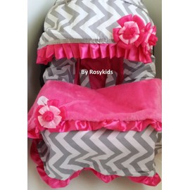 Rosy Kids Infant Carseat Canopy Cover 4pc Whole Caboodle, Baby Car Seat Cover Baby Blanket Outdoor Kit, Cotton Chevron Print, Hot Pink