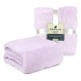 PAVILIA Plush Sherpa Throw Blanket for Couch Sofa | Fluffy Microfiber Fleece Throw | Soft, Fuzzy, Cozy, Shaggy, Lightweight | Lavender Purple Blanket | 90 x 90 Inches