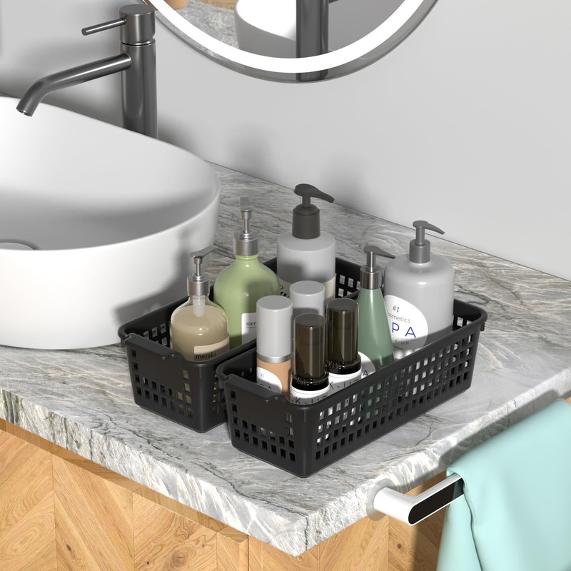 Ysmiltion 6-Pack Slim Plastic Storage Baskets, Black Desktop Storage Basket