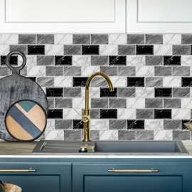 URCOLOR 10-Sheet Peel and Stick Backsplash Tile Sticker for Kitchen,12"x12" Self Adhesive Subway Wall Tiles Stick on Back Splashes for Bathroom White Gray Black White Marble Design